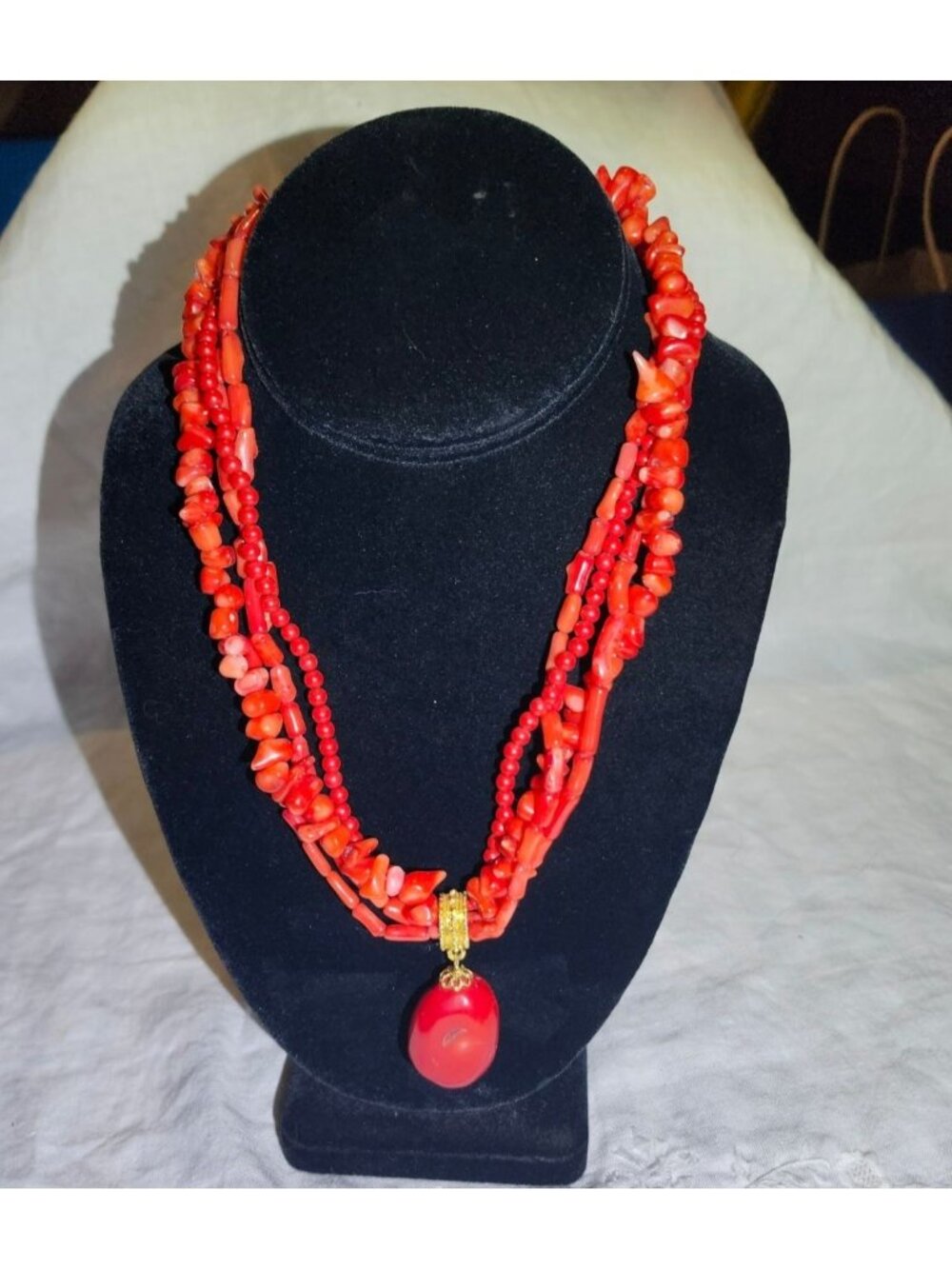 Vintage Multi-Strand Red  Beaded Necklace  Pendant & Clasp -